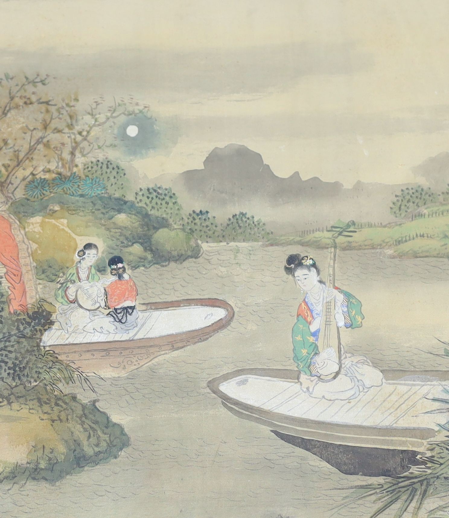 A pair of Chinese paintings on silk of ladies playing music and gardening, late 19th century, Image 29 cm x 22 cm